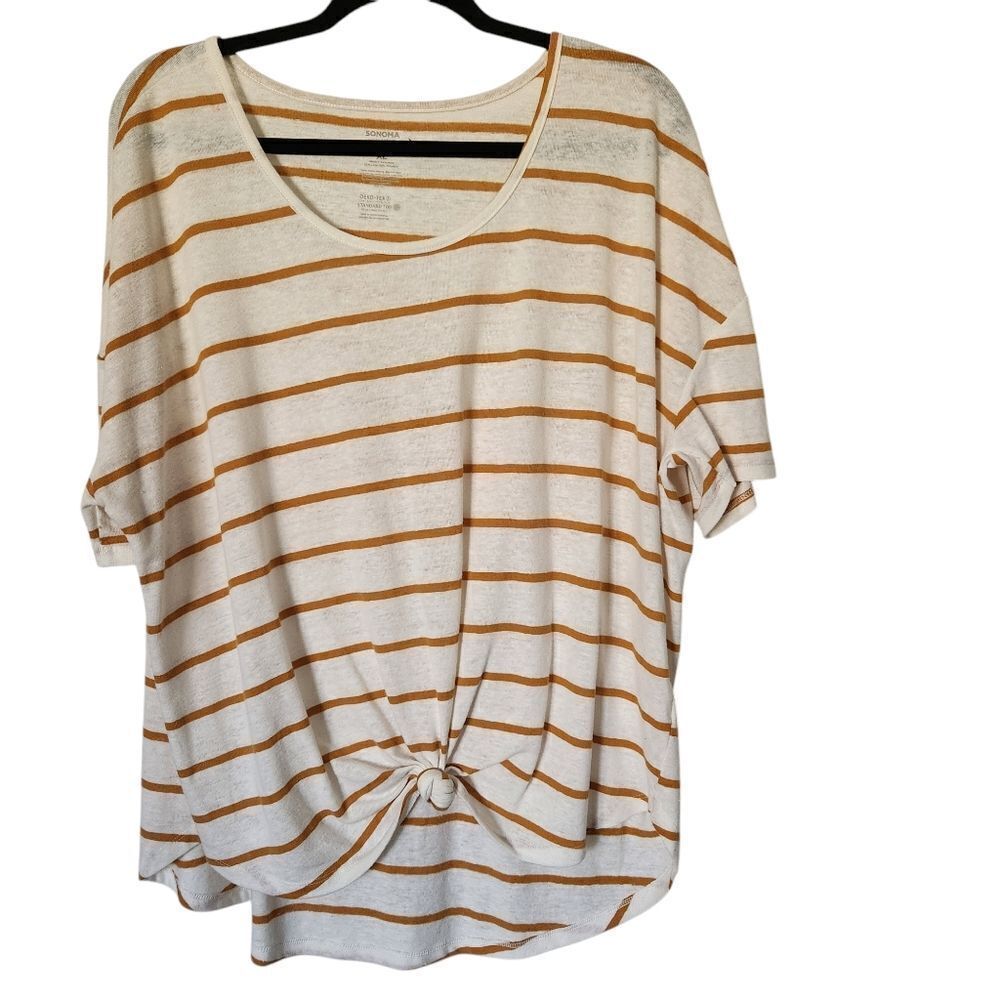 Sonoma Womens Striped Knot-Front Top Linen Blend Striped Size XL